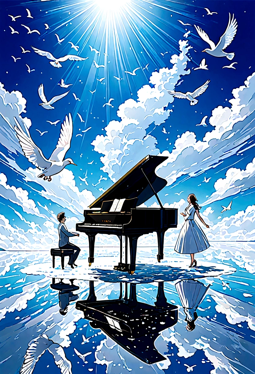 A fantastic scene surrounded by a blue sky and clouds is depicted. There is a black piano in the center of the screen, a man playing the piano and a woman standing next to it. There are white birds flying in the background, creating a dreamlike atmosphere overall. The water surface spreads out on the ground, making it very beautiful like a mirror.