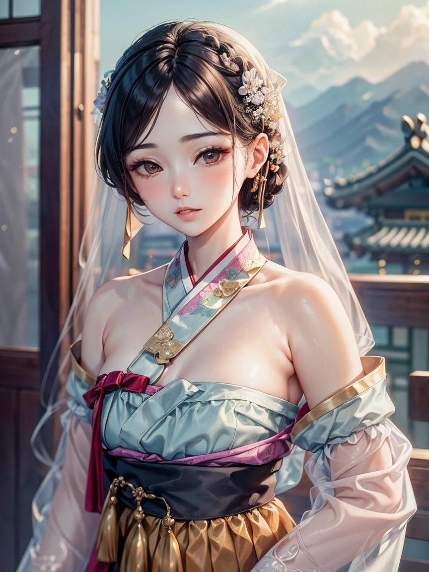 (masterpiece), (top quality), (beautiful and aesthetic), (1 woman), (1930s Korean woman), resembles Korean idol, highly detailed, shoulder exposed, chest exposed, traditional hanbok, upper body, portrait.