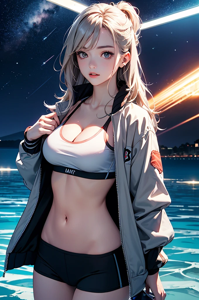 (masterpiece:1.5, Highest quality, Very detailed、 Dutch Angle、Realistic、2.5D、Realistic)(One Girl, alone)(Silver Hair:1.6,,Straight Long Hair)(Sports Bra、Jacket:1.5)、((medium breasts, Beautiful cleavage,underboob))(from diagonally forward),(Beautiful starry sky、Mystical Night、Particles of light float around the woman、Fantastic space、Ocean)