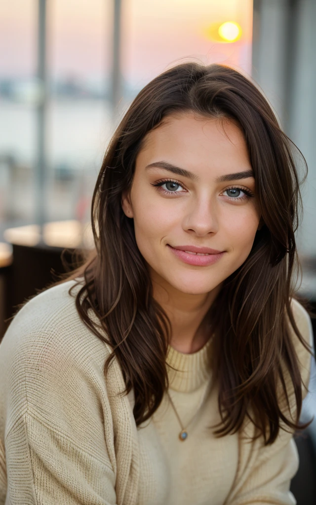 Cute beautiful brunette than skin long straigh hair with yellow sweater, (brown eyes) (aucking dick in a modern café at sunset), muito detalhado, 14years old, innocent face, naturally wavy hair, blue eyes, high-res, ​masterpiece, best qulaity, Intricate detailing, muito detalhado, sharp focus, detailed skin, realistie Hauttextur, Textur, detailled eyes, professional, 4K, charming smile, taken with Canon, 85 mm, light depth of field, Kodak Vision Color, perfectly fitting body, extremely detail, photoshot_\(ultra\), fotorealisti, realisti, Post processing, maximum details, roughness, real life, ultrarealisti, photoshotrealismus, photoshotgrafie, 8K  UHD, photoshotgrafie