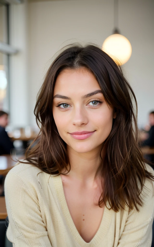 Cute beautiful brunette than skin long straigh hair with yellow sweater, (brown eyes) (aucking dick in a modern café at sunset), muito detalhado, ars old, innocent face, naturally wavy hair, blue eyes, high-res, ​masterpiece, best qulaity, Intricate detailing, muito detalhado, sharp focus, detailed skin, realistie Hauttextur, Textur, detailled eyes, professional, 4K, charming smile, taken with Canon, 85 mm, light depth of field, Kodak Vision Color, perfectly fitting body, extremely detail, photoshot_\(ultra\), fotorealisti, realisti, Post processing, maximum details, roughness, real life, ultrarealisti, photoshotrealismus, photoshotgrafie, 8K  UHD, photoshotgrafie