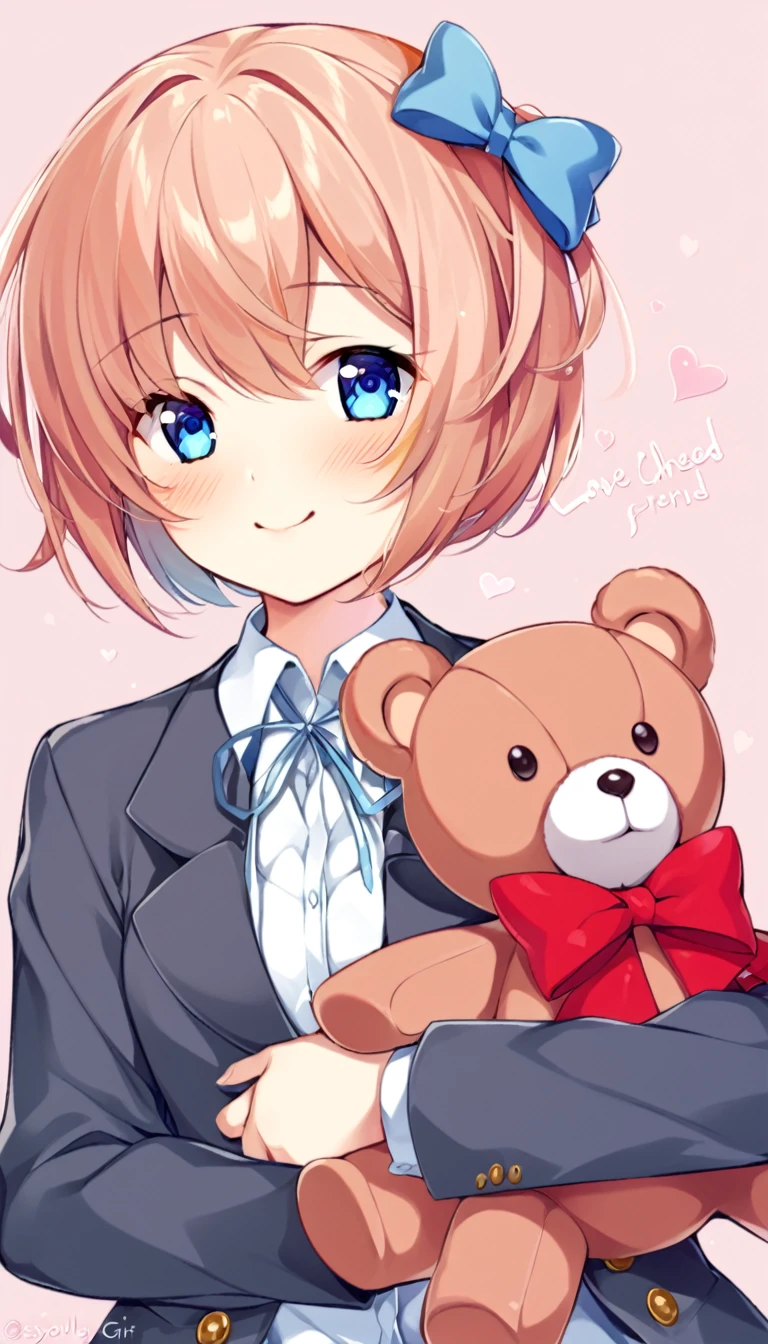 one girl, lovely, boyish, blazer, hair bow, Sayori, my childhood friend, cute, short hair, blush, light blue eyes, cheerful girl, love me, careless girl, laugh cutely, my best friend, stroked her hair, girl hug teddy bear