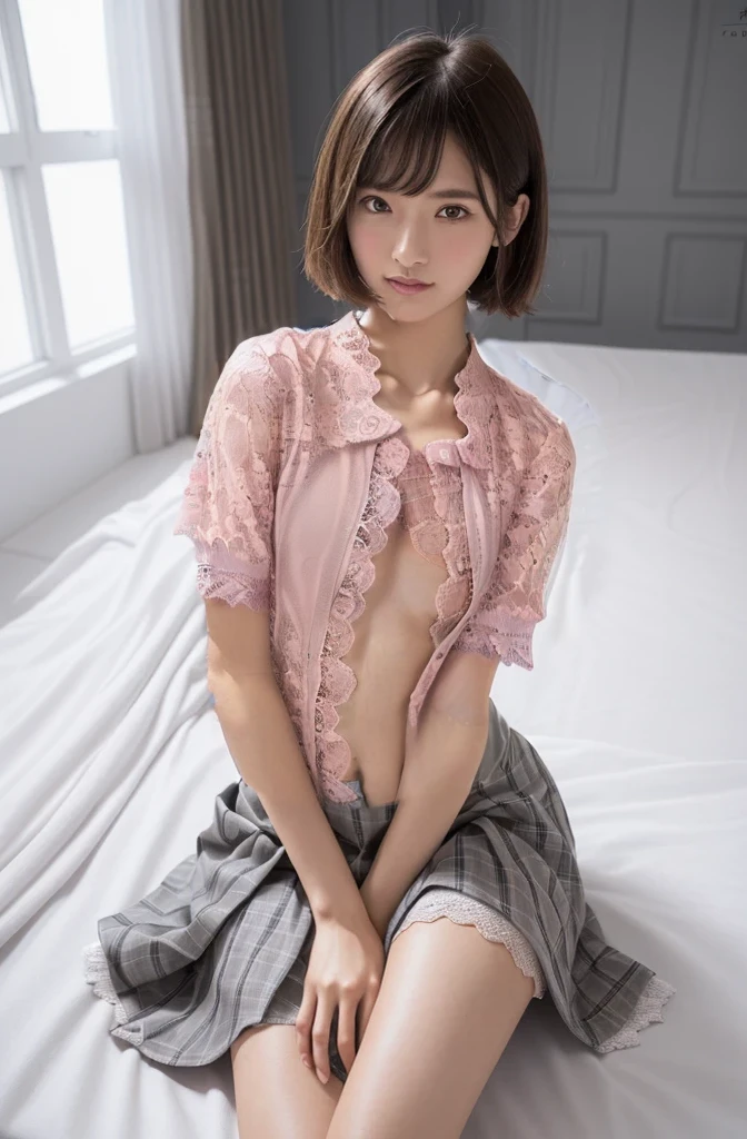 ((Pink lace short sleeve shirt、Please wear it with the chest open.:1.7))、((Small breasts:1.7))、(smile)、((Girly pose 1.8))、Hands in front、Hide your hands between your legs、