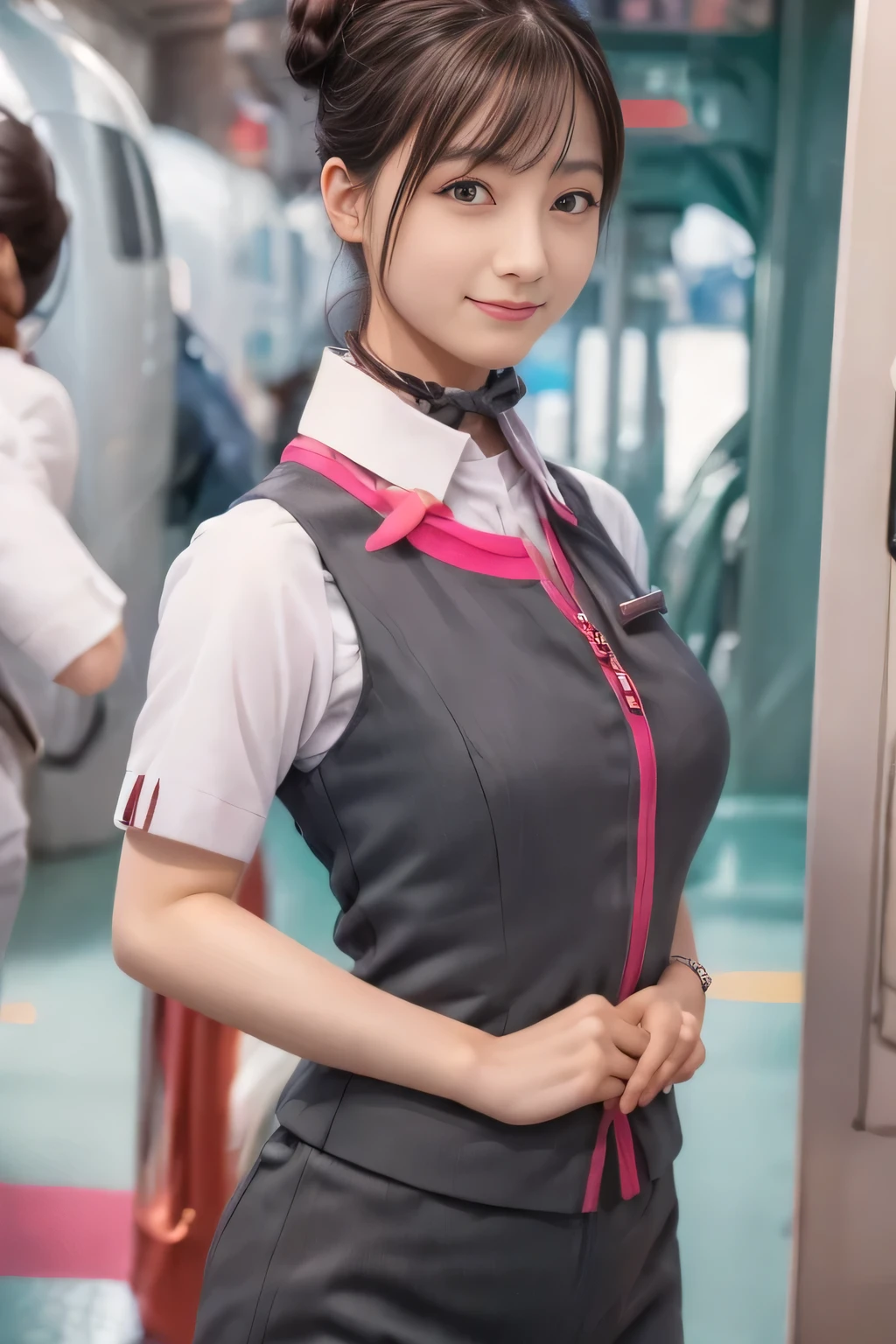 (masterpiece:1.2, Highest quality:1.2), 32k HDR, High resolution, (alone、One Girl)、（At the station platform、Professional Lighting）、Empty train station platform background、（Realistic style of JR Gran Class crew uniform）、Short sleeve blouse、a scarf around the neck、（JR Gran Class flight attendant uniform with pink parts on the skirt sleeves）、（The uniform of the flight attendants of JR Gran Class has a pink line on the front zipper of the vest..）、Dark brown hair、（Hair Bun、Hair tied up）、Dark brown hair、Long Shot、Big Breasts、（（Great hands：2.0）），（（Harmonious body proportions：1.5）），（（Normal limbs：2.0）），（（Normal finger：2.0）），（（Delicate eyes：2.0）），（（Normal eyes：2.0））)、Big Breasts、Luxury Necklace、smile、Beautiful standing posture,Place your hands around your stomach