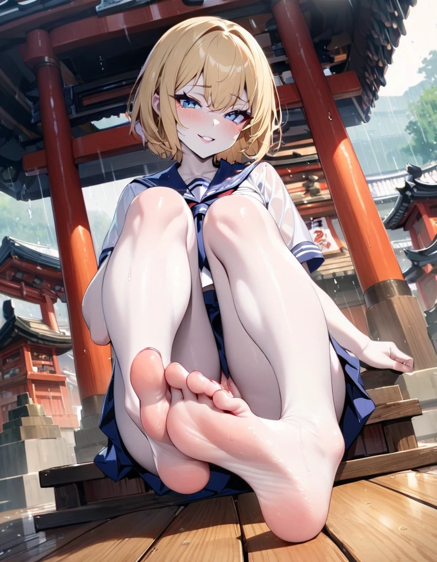 (best quality),1girl,foot focus, full body, looking at viewer, shrine, rain, sunlight, pale skin, blonde hair, short hair, blue eyes, serafuku, feet up, nsfw, seductive smile, crowd,