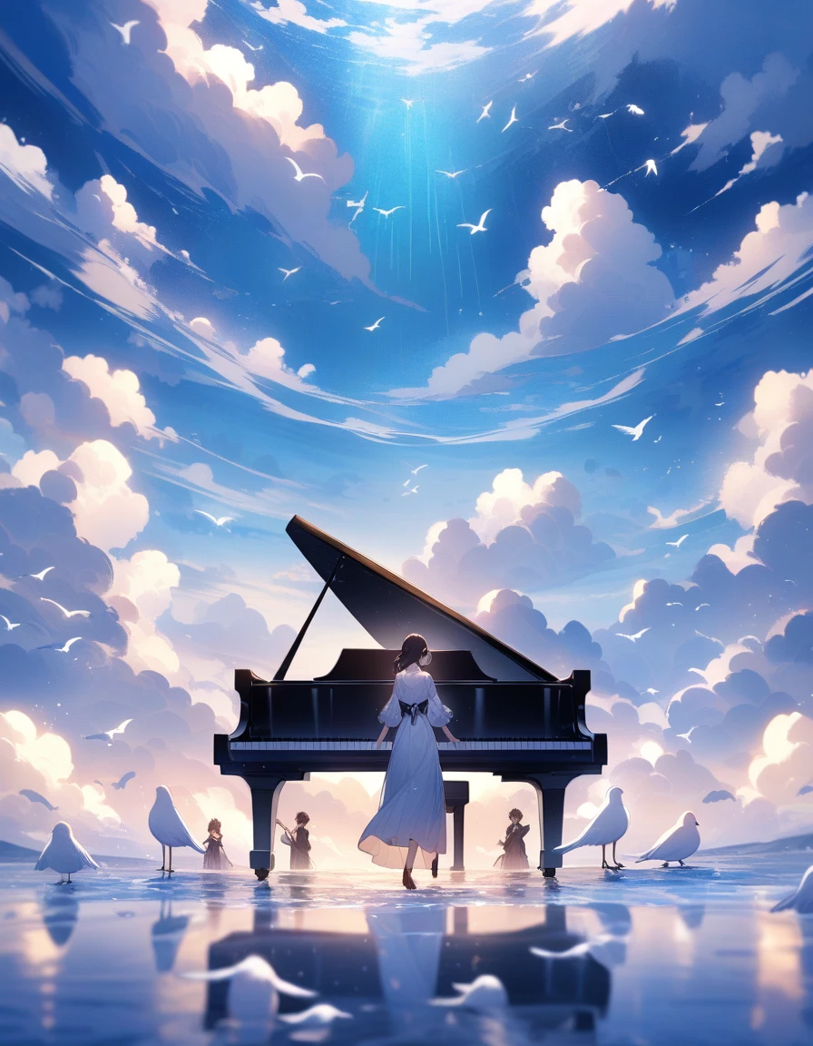 A fantastic scene surrounded by a blue sky and clouds is depicted. There is a black piano in the center of the screen, a man playing the piano and a woman standing next to it. There are white birds flying in the background, creating a dreamlike atmosphere overall. The water surface spreads out on the ground, making it very beautiful like a mirror.