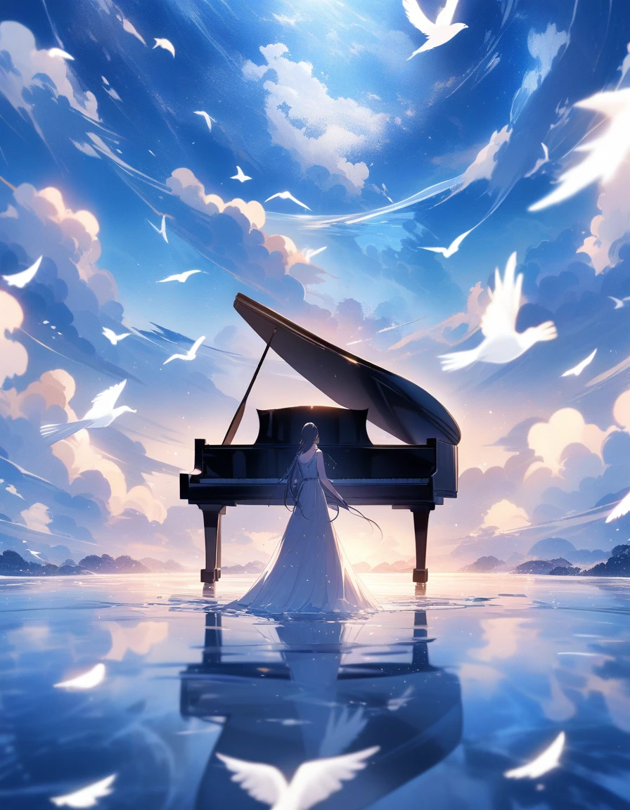 A fantastic scene surrounded by a blue sky and clouds is depicted. There is a black piano in the center of the screen, a man playing the piano and a woman standing next to it. There are white birds flying in the background, creating a dreamlike atmosphere overall. The water surface spreads out on the ground, making it very beautiful like a mirror.