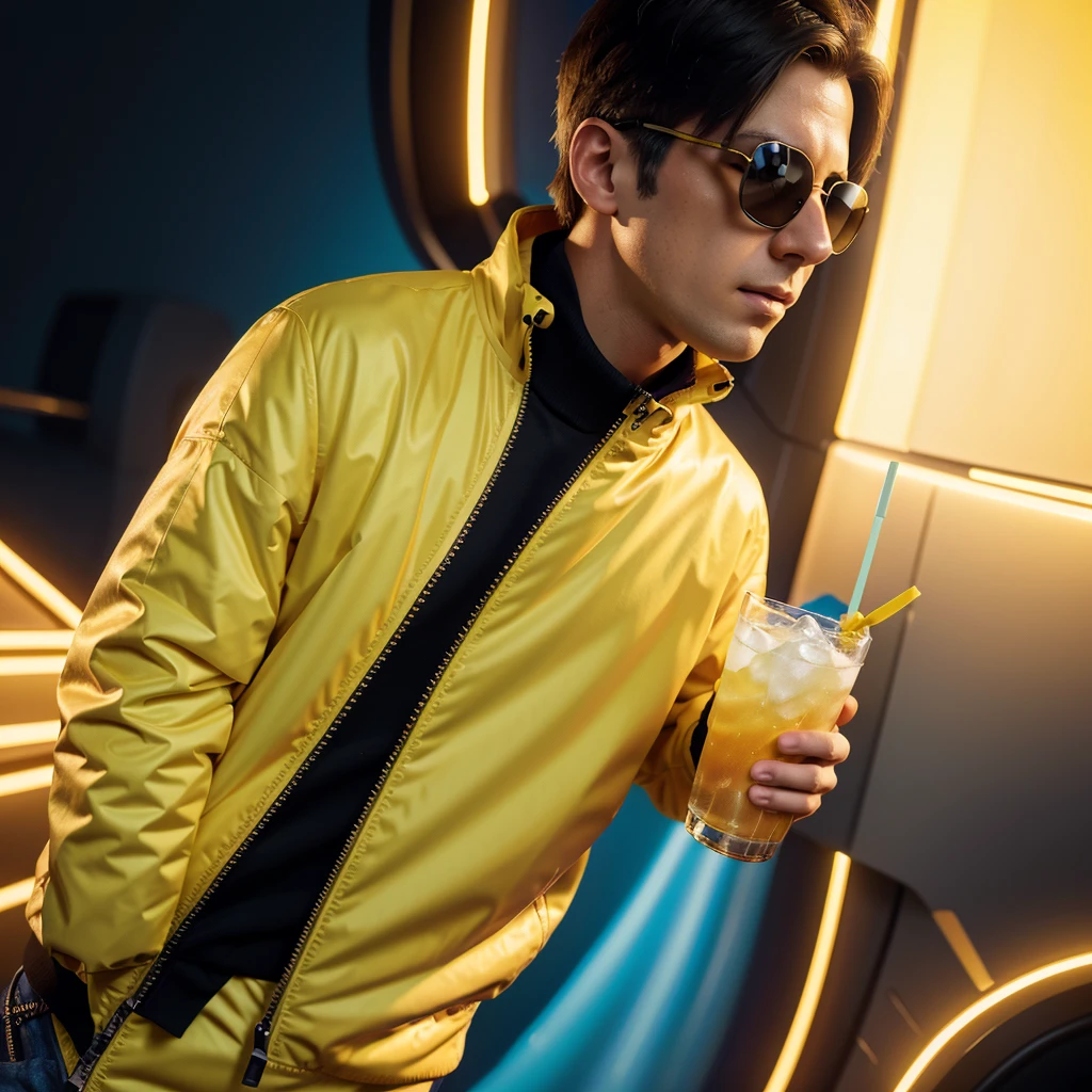A cartoon character of a young man in a yellow jacket and sunglasses holding a drink, digital art inspired by Mike Winkelmann, trend on Artstation, digital art, official artwork, high detail iconic character, cartoon art style, in 8K gaming style, profile photo 1024px, stylized digital art, cartoon style illustration, 3D character