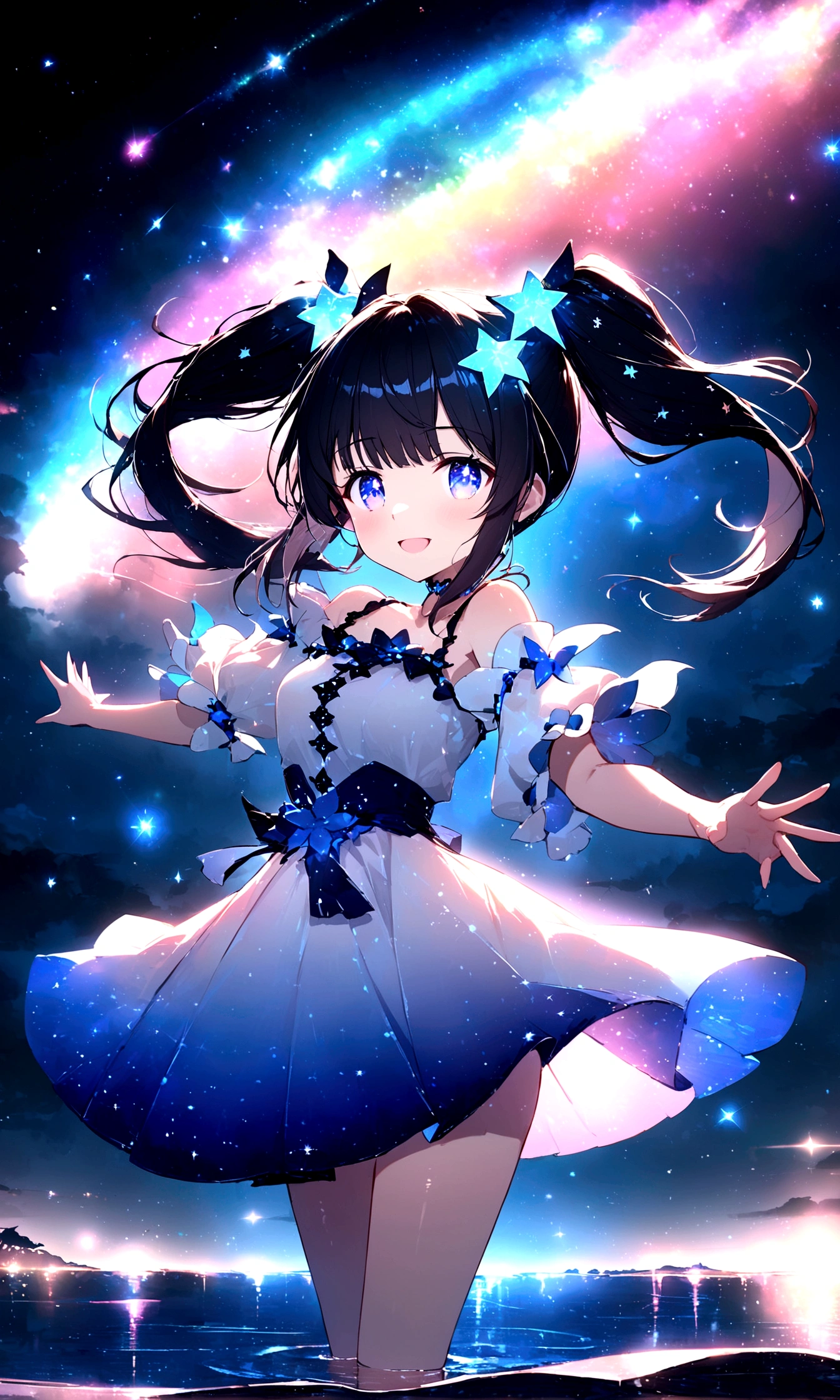 anime gile portrait,kawaii,fantastic style,one beautiful girl with starry eyes, upper body , -yeld gi with midnight blue hair, twin tails with star-shaped hair accessories, crystal blue eyes, wearing a light blue dress with star patterns, standing on a star floating in the river with arms outstretched for balance, background of a night sky filled with stars and their reflections in the river, shooting star crossing the sky, serene riverside at night with stars floating and light shimmering , Fantastic light shimmering, twinkling star effect , surrounded by stars,eyes sparkling like stars,best quality,ultra detailed,ultra high definition,high resolution,16k,ultra vibrant,natural light,starlight,soft light,Glowing Aura,the surroundings are shining,Mysterious, fantastic, super-detailed universe, stars twinkling and twinkling. Star Effects.