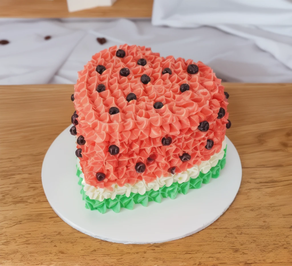 on a black background, a cream cake in the form of a heart, in shape of watermelon, the lower part of the cake is made of green cream whirls, reproduces the texture of a watermelon, a cream layer of fresh, juicy white m'yakotia. The top layer consists of red cream, on top of which watermelon seeds are poured, made of polymer clay, window light, bright lights, soft light, window light, professional lighting, light from the window, neat light, realistic texture, realistic style, detailed texture, high quality, high resolution, high quality rendering, realistic photo, brightning light, macro photo