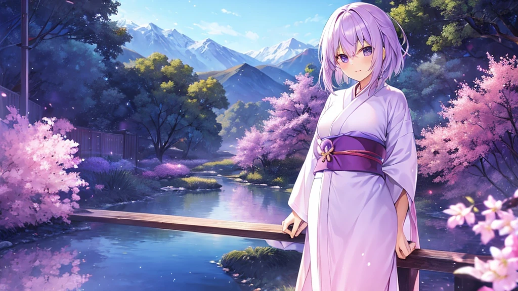 woman clear Light purple hair kimono Anime Style Mountain village