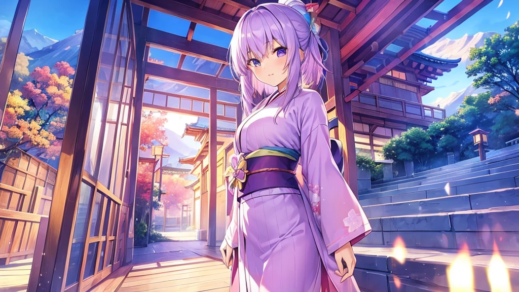 woman clear Light purple hair kimono Anime Style Mountain village