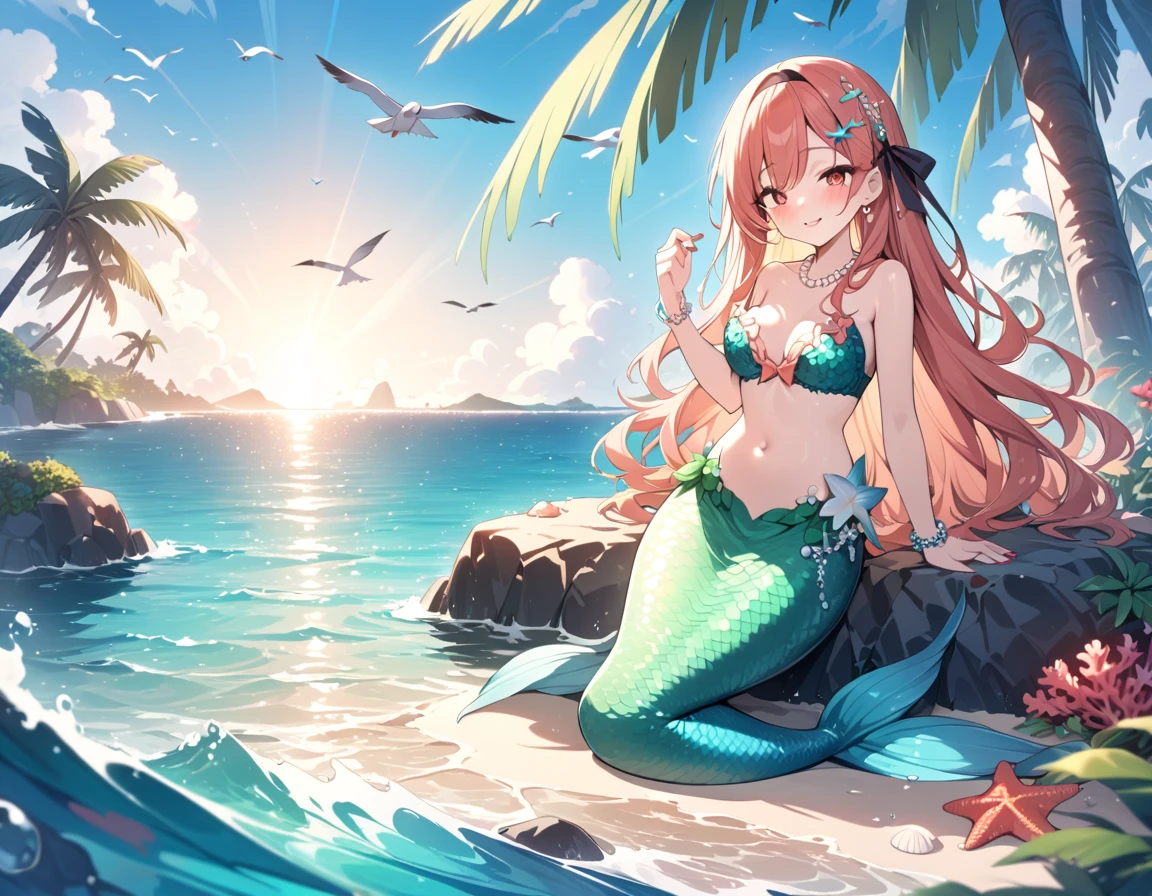 (best quality,4k,8k,highres,masterpiece:1.2),ultra-detailed,teenage girl gets magically transformed into a cute mermaid, fantasy transformation,red-eyed,beautiful detailed eyes,spiky long ginger hair,happiness,cute mermaid, long and detailed mermaid tail with shimmering green scales, seashell bra,pair of fish gills on her torso, red and black ribbon headband, starfish hair clips, pearl hair ornaments, pearl earrings and bracelets, pearl necklace, red manicured nails, eye-catching accessories,beautifully detailed lips, sitting on a rock, sandy beach, new beautiful body,she’s smiling,embracing her new life has a mermaid, brushing her hair, ocean waves,sparkling water,coconut trees,seagulls,coral reef,vibrant colors,magical glow,shimmering scales,sea breeze,warm sunlight,joyful expression,island paradise,lush tropical plants,dynamic composition,soft and smooth lines,expressive facial features,gentle water reflections,serene atmosphere, Highly detailed, masterpiece, high quality, 4K