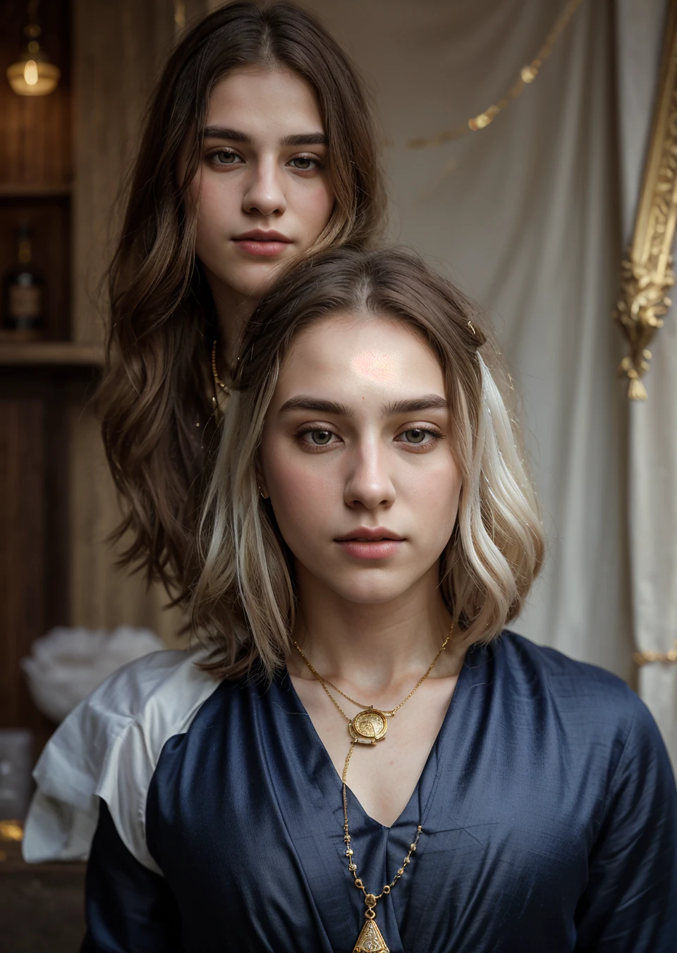 Full body shot, ((8k portrait of young adult man, pale white skin, masterpiece)), medium bust, long hair, blonde, (beautiful eyes), fantasy, elegant, mystic, potion shop, outdoor, medieval, ornaments, long pendant necklace, magical, award winning, painting by top artists, cinematic, detailed accessories, strong collarbone, cold lighting, (professional lighting), natural beauty, gold saree,