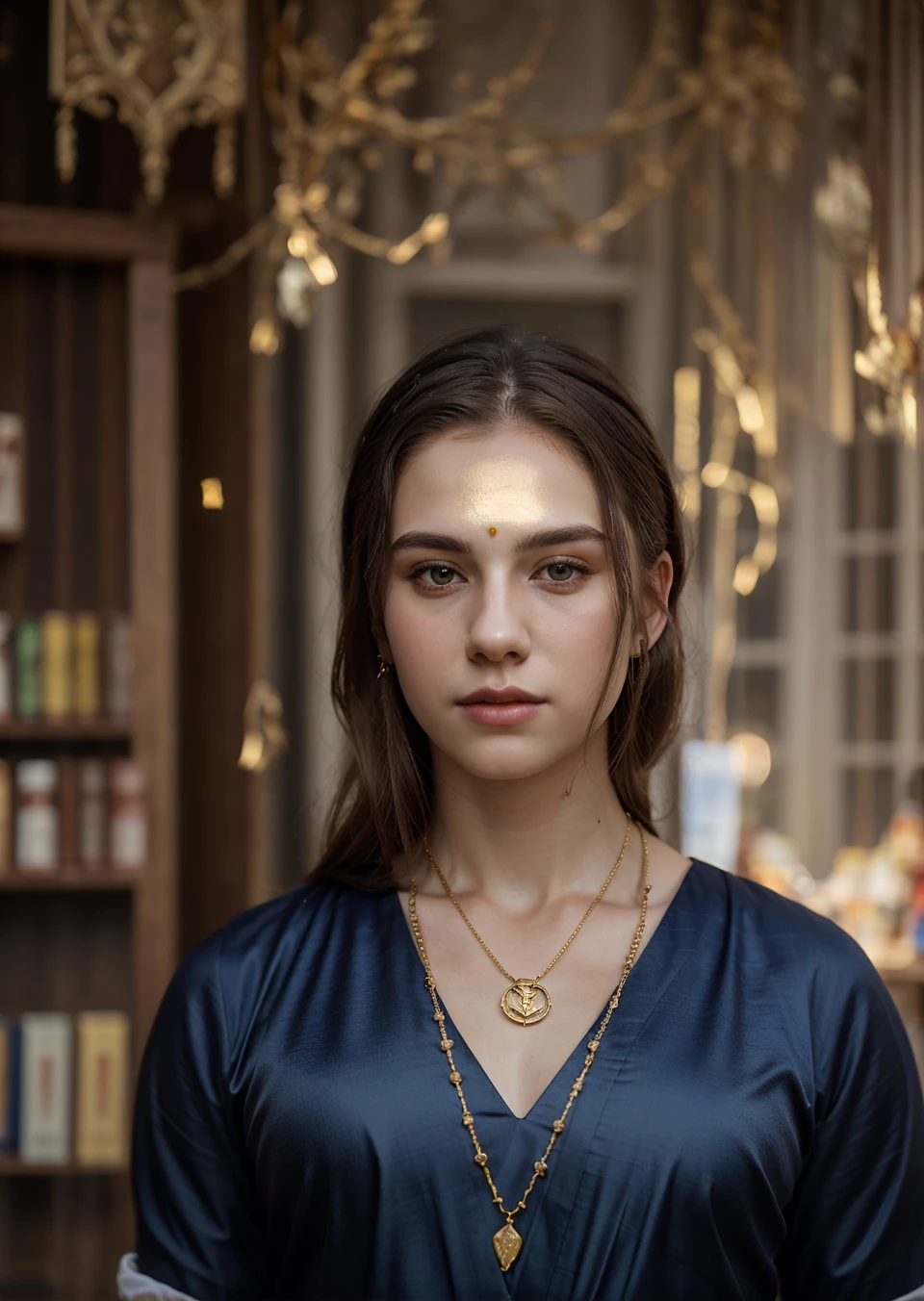 Full body shot, ((8k portrait of young adult man, pale white skin, masterpiece)), medium bust, long hair, blonde, (beautiful eyes), fantasy, elegant, mystic, potion shop, outdoor, medieval, ornaments, long pendant necklace, magical, award winning, painting by top artists, cinematic, detailed accessories, strong collarbone, cold lighting, (professional lighting), natural beauty, gold saree,
