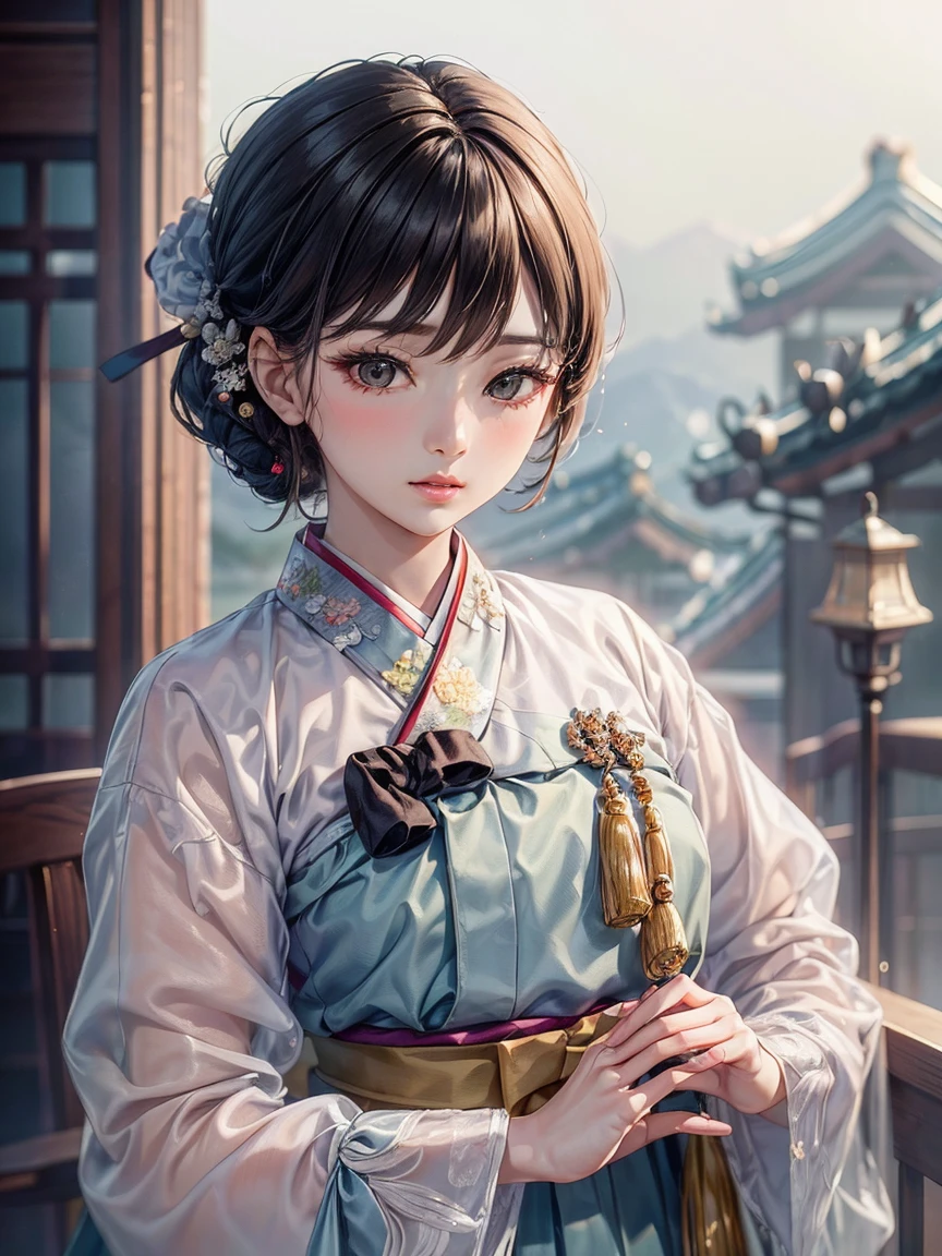 (masterpiece), (top quality), (beautiful and aesthetic), (1 woman), (1930s Korean woman), resembles Korean idol, highly detailed, A little exposure, traditional hanbok, upper body, portrait.