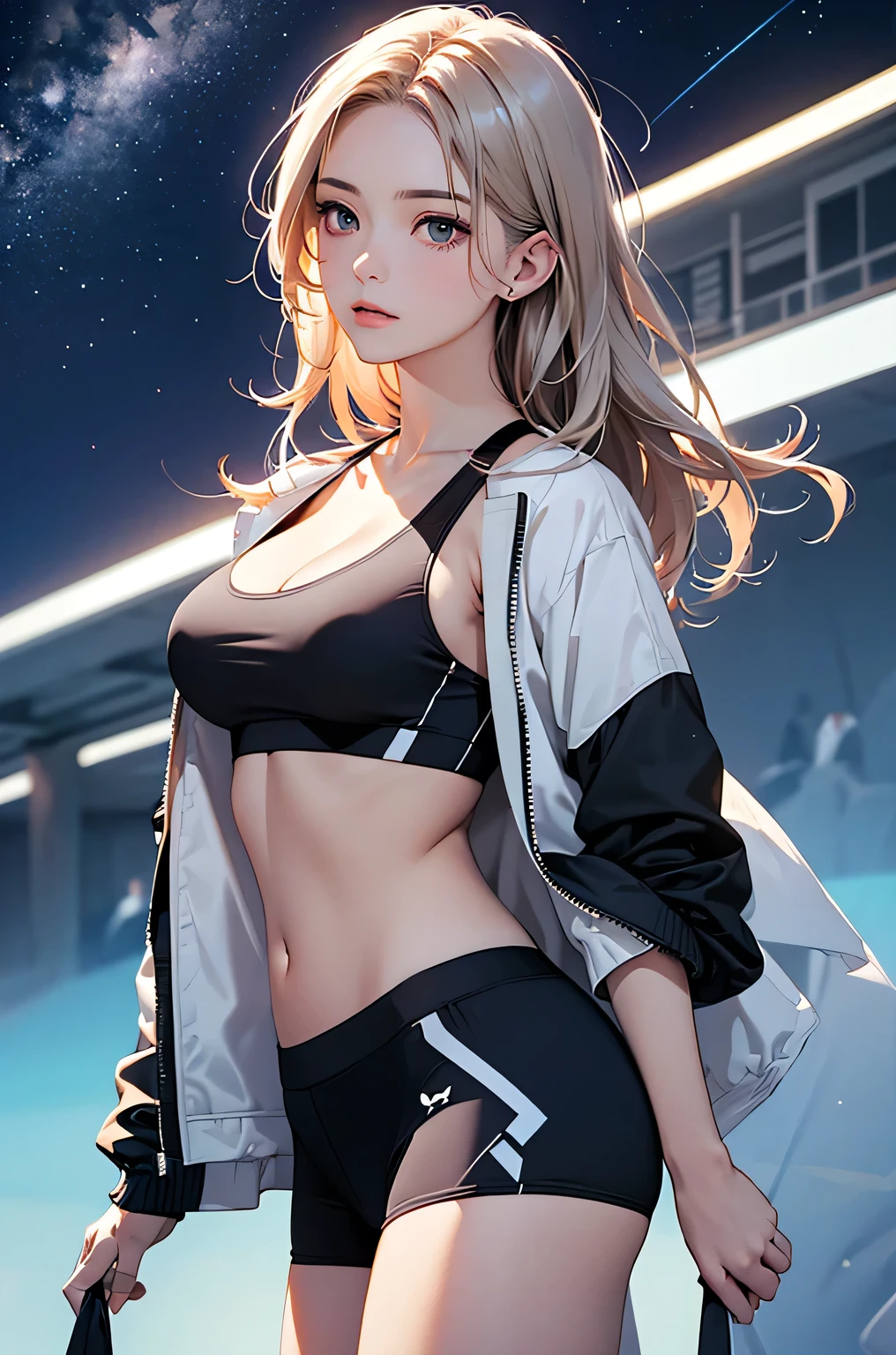 (masterpiece:1.5, Highest quality, Very detailed、 Dutch Angle、Realistic、2.5D、Realistic)(One Girl, alone)(Silver Hair:1.6,,Straight Long Hair)(Sports Bra、Jacket:1.5)、((medium breasts, Beautiful cleavage,underboob))(from diagonally forward),(Beautiful starry sky、Mystical Night、Particles of light float around the woman、Fantastic space、Ocean)
