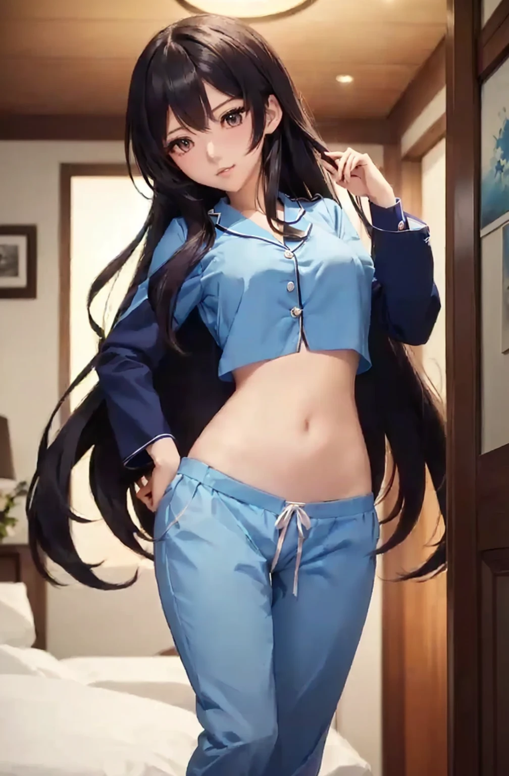 anime girl in blue uniform posing on bed with long hair, seductive anime girl, attractive anime girl, anime moe artstyle, beautiful alluring anime , anime girl with long hair, ilya kuvshinov with long hair, marin kitagawa fanart, ecchi anime style, female anime character, beautiful alluring anime woman, ecchi style, anime best girl