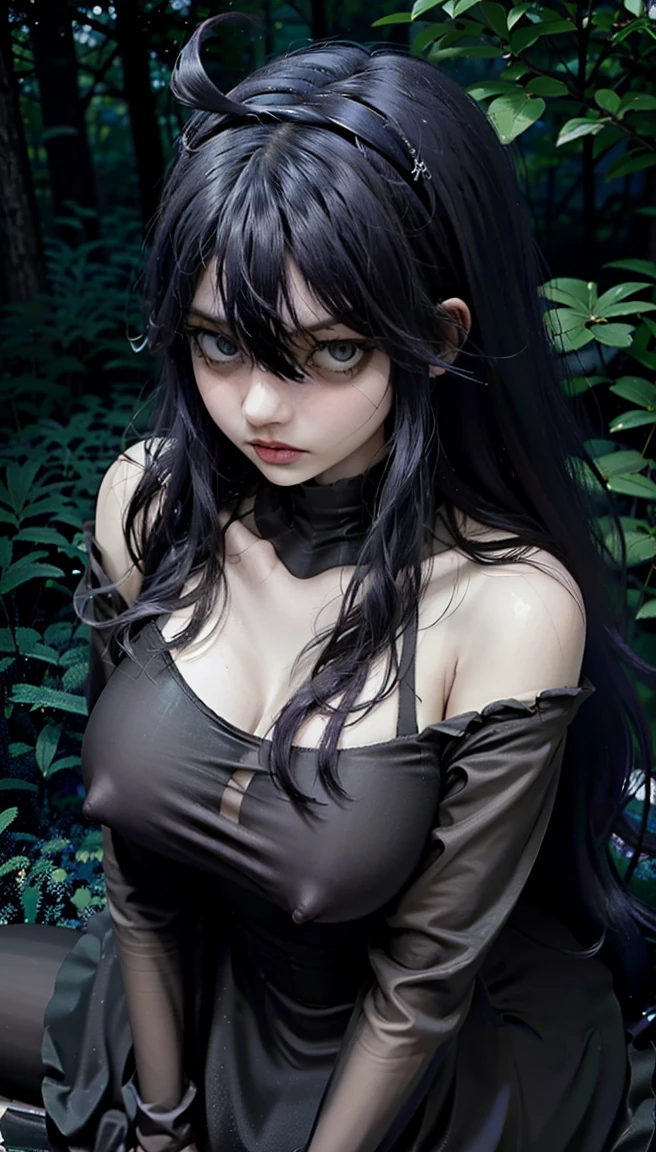 Hex Maniac \(Pokemon\), Hex Maniac from Pokémon, dark purple forest background, anime style, sitting on overgrown bench, big breasts, big ass, wide hips, eyes in shade, sharp stare at viewer,