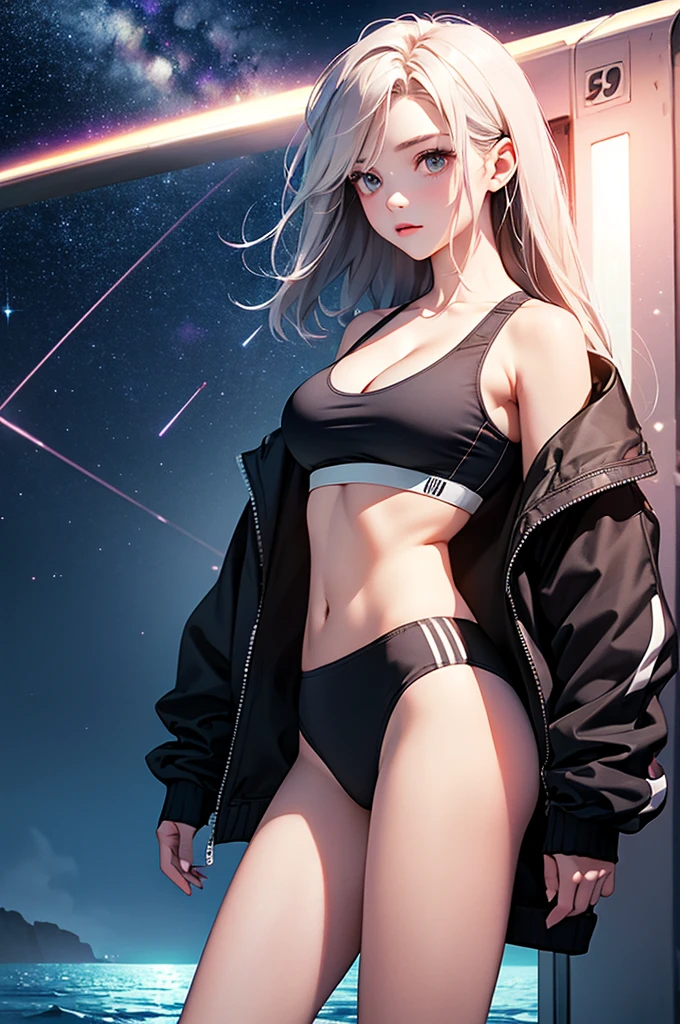 (masterpiece:1.5, Highest quality, Very detailed、 Dutch Angle、Realistic、2.5D、Realistic)(One Girl, alone)(Silver Hair:1.6,,Straight Long Hair)(Sports Bra、Jacket:1.5)、((medium breasts, Beautiful cleavage,underboob))(from diagonally forward),(Beautiful starry sky、Mystical Night、Particles of light float around the woman、Fantastic space、Ocean)
