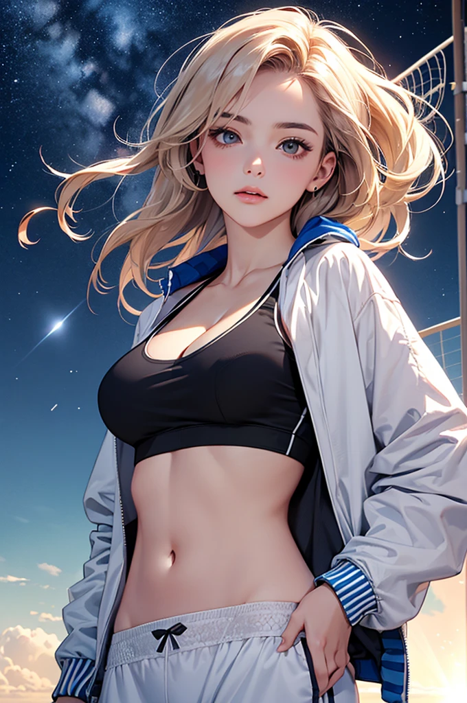 (masterpiece:1.5, Highest quality, Very detailed、 Dutch Angle、Realistic、2.5D、Realistic)(One Girl, alone)(Silver Hair:1.6,,Straight Long Hair)(Sports Bra、Jacket:1.5)、((medium breasts, Beautiful cleavage,underboob))(from diagonally forward),(Beautiful starry sky、Mystical Night、Particles of light float around the woman、Fantastic space、Ocean)