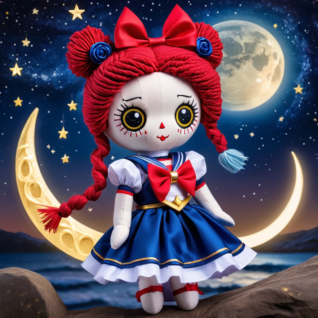 (knitted toy voodoo doll:1.9), (Voodoo Sailor Moon:1.3), (Clothing: sailor suit with a red bow, blue skirt, and white gloves:1.0), (Accessories: enchanted moon tiara emitting a celestial glow, floating crescent moons:1.1), (background: starry night sky with a full moon, sparkling stars, and a magical atmosphere:1.2), best quality, masterpiece, detailed soft oil painting, detailed background, dramatic cinematic lighting, soft edge lighting, professional, dramatic lighting, hard edge lighting, ultra quality, 4k,masterpiece, best quality, 8k, ultra highres, highres, extremely detailed