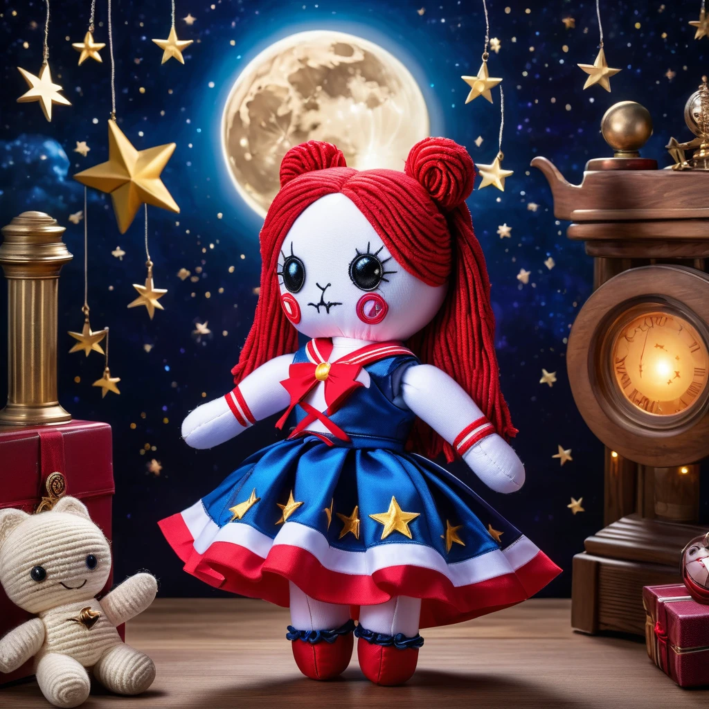 (knitted toy voodoo doll:1.9), (Voodoo Sailor Moon:1.3), (Clothing: sailor suit with a red bow, blue skirt, and white gloves:1.0), (Accessories: enchanted moon tiara emitting a celestial glow, floating crescent moons:1.1), (background: starry night sky with a full moon, sparkling stars, and a magical atmosphere:1.2), best quality, masterpiece, detailed soft oil painting, detailed background, dramatic cinematic lighting, soft edge lighting, professional, dramatic lighting, hard edge lighting, ultra quality, 4k,masterpiece, best quality, 8k, ultra highres, highres, extremely detailed
