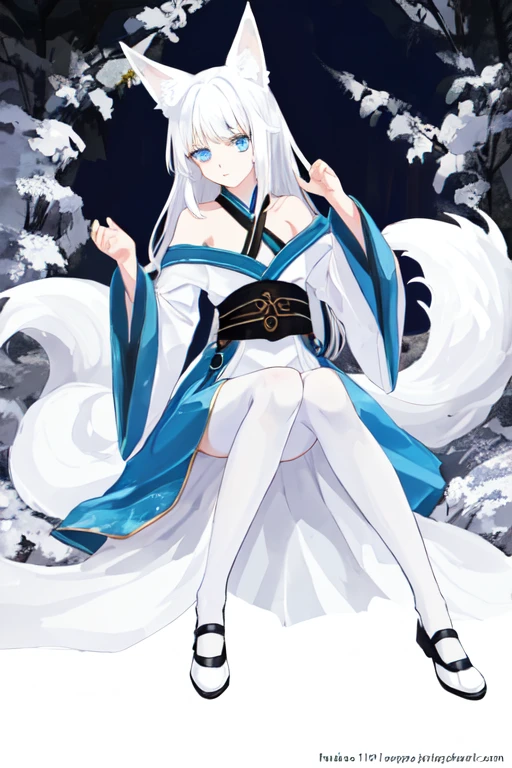 white fox ears、White hair、long hair,blue eyes、Hanfu、White shoes,black stockings,Off-shoulder、look ahead,((One,,female))、whole body,Seductive pose,HD 1080p