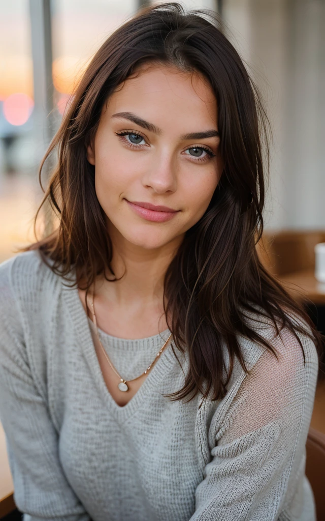 Cute beautiful brunette than skin long straigh hair with black sweater, (brown eyes) (aucking dick in a modern café at sunset), muito detalhado, ars old, innocent face, naturally wavy hair, blue eyes, high-res, masterpiece, best qulaity, Intricate detailing, muito detalhado, sharp focus, detailed skin, realistie Hauttextur, Textur, detailled eyes, professional, 4K, charming smile, taken with Canon, 85 mm, light depth of field, Kodak Vision Color, perfectly fitting body, extremely detail, photoshot_\(ultra\), fotorealisti, realisti, Post processing, maximum details, roughness, real life, ultrarealisti, photoshotrealismus, photoshotgrafie, 8K UHD, photoshotgrafie