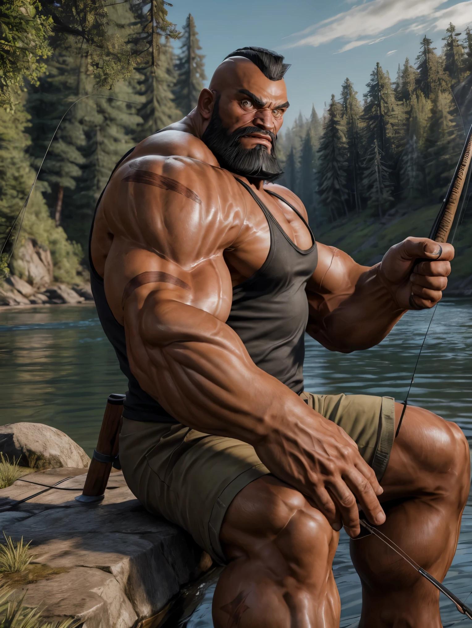 ultra realistic, unreal engine 5, anatomically correct, detailed eyes, detailed face, brown eyes, thick eyebrows, male focus, solo, zangief, bodybuilder, scar, mohawk, ((tank top)), shorts, ((holding fishing rod, fishing)), sitting by the river, from side,