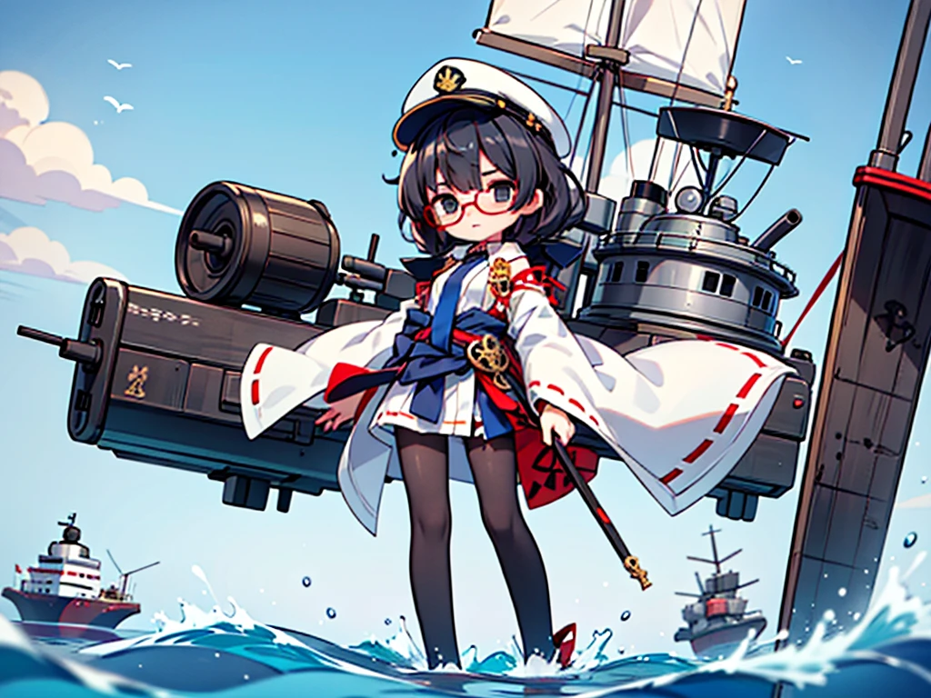 (((masterpiece, Vision))), ((((Full body of a woman with perfect flat chest、solo、Short unkempt black hair、Tie your messy hair at the nape of your neck、white military jacket、Miko costume、black tights、Black glasses、White military cap、Cloudy black eyes、Confused eyes、Junyo-inspired emblem)))), (((Shipgirl))), ((Floating on the morning sea with both feet)), (Standing with your legs apart), (Hold the turret grip with your right hand), (Mechanical arms extending from the waist are used to equip the ship with battleship equipment.), (Equipped with a turret on the back), (Left arm holds the triple turret grip), Shotgun shell in left arm, Spreading the Machine's Wings, 2. Machine Tail, A mechanical prosthetic arm holds the turret, Kaleidoscope Sharingan,