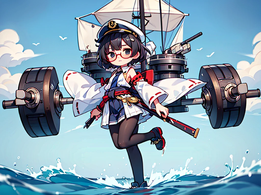 (((masterpiece, Vision))), ((((Full body of a woman with perfect flat chest、solo、Short unkempt black hair、Tie your messy hair at the nape of your neck、white military jacket、Miko costume、black tights、Black glasses、White military cap、Cloudy black eyes、Confused eyes、Junyo-inspired emblem)))), (((Shipgirl))), ((Floating on the morning sea with both feet)), (Standing with your legs apart), (Hold the turret grip with your right hand), (Mechanical arms extending from the waist are used to equip the ship with battleship equipment.), (Equipped with a turret on the back), (Left arm holds the triple turret grip), Shotgun shell in left arm, Spreading the Machine's Wings, 2. Machine Tail, A mechanical prosthetic arm holds the turret, Kaleidoscope Sharingan,