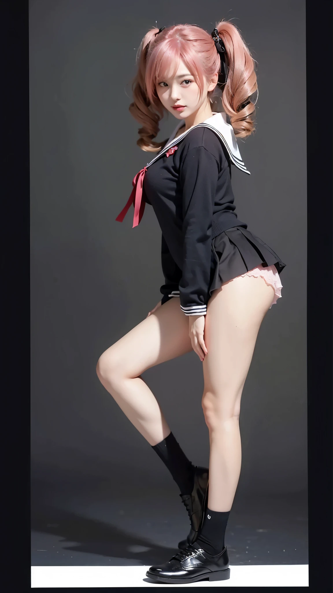 Beautiful Japanese Waifu, early 30s, brunette hair, wearing fantasy sailor’s dress, very short skirt, pink lace knickers, short black socks, black shoe