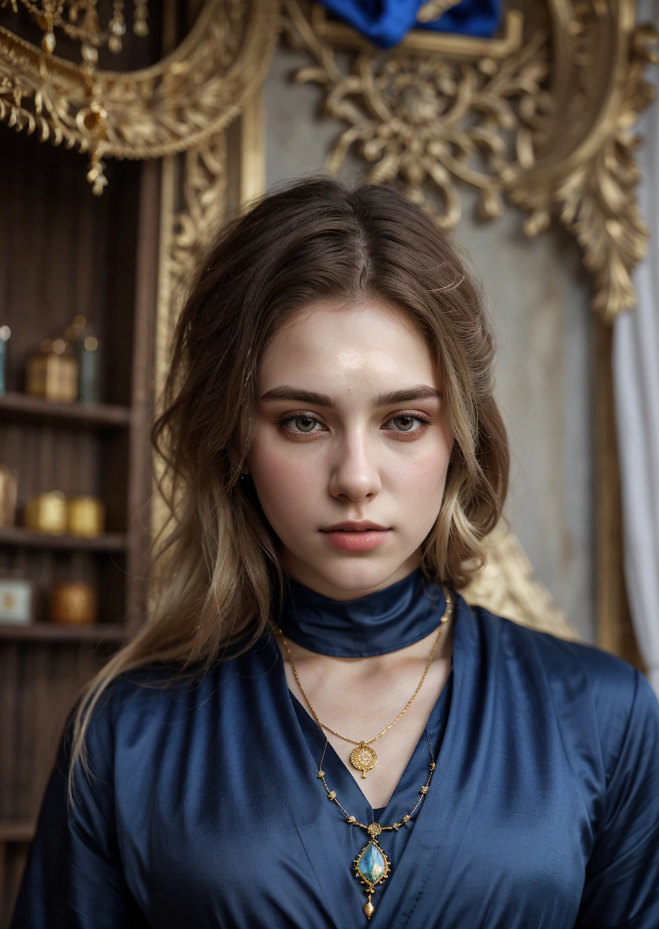 Full body shot, ((8k portrait of young adult man, pale white skin, masterpiece)), medium bust, long hair, blonde, (beautiful eyes), fantasy, elegant, mystic, potion shop, outdoor, medieval, ornaments, long pendant necklace, magical, award winning, painting by top artists, cinematic, detailed accessories, strong collarbone, cold lighting, (professional lighting), natural beauty, gold saree,