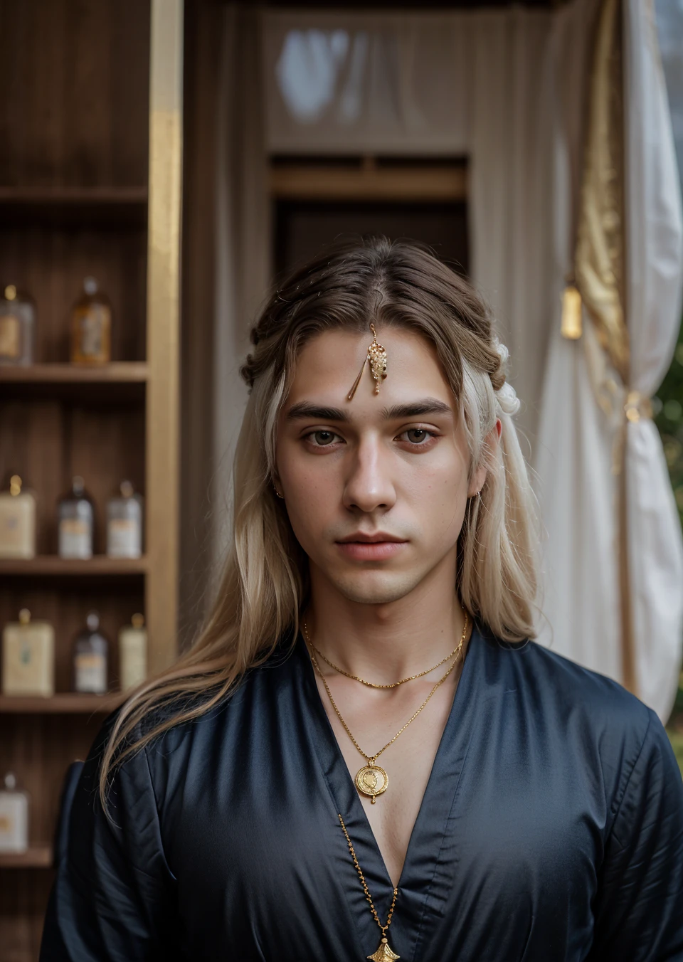 Half elf, sleepy eyes, Wise man, neck-length hair, messy hair, thin beard, drunkard, mediaval, Dress neatly, Wearing a shirt and robe, white hair