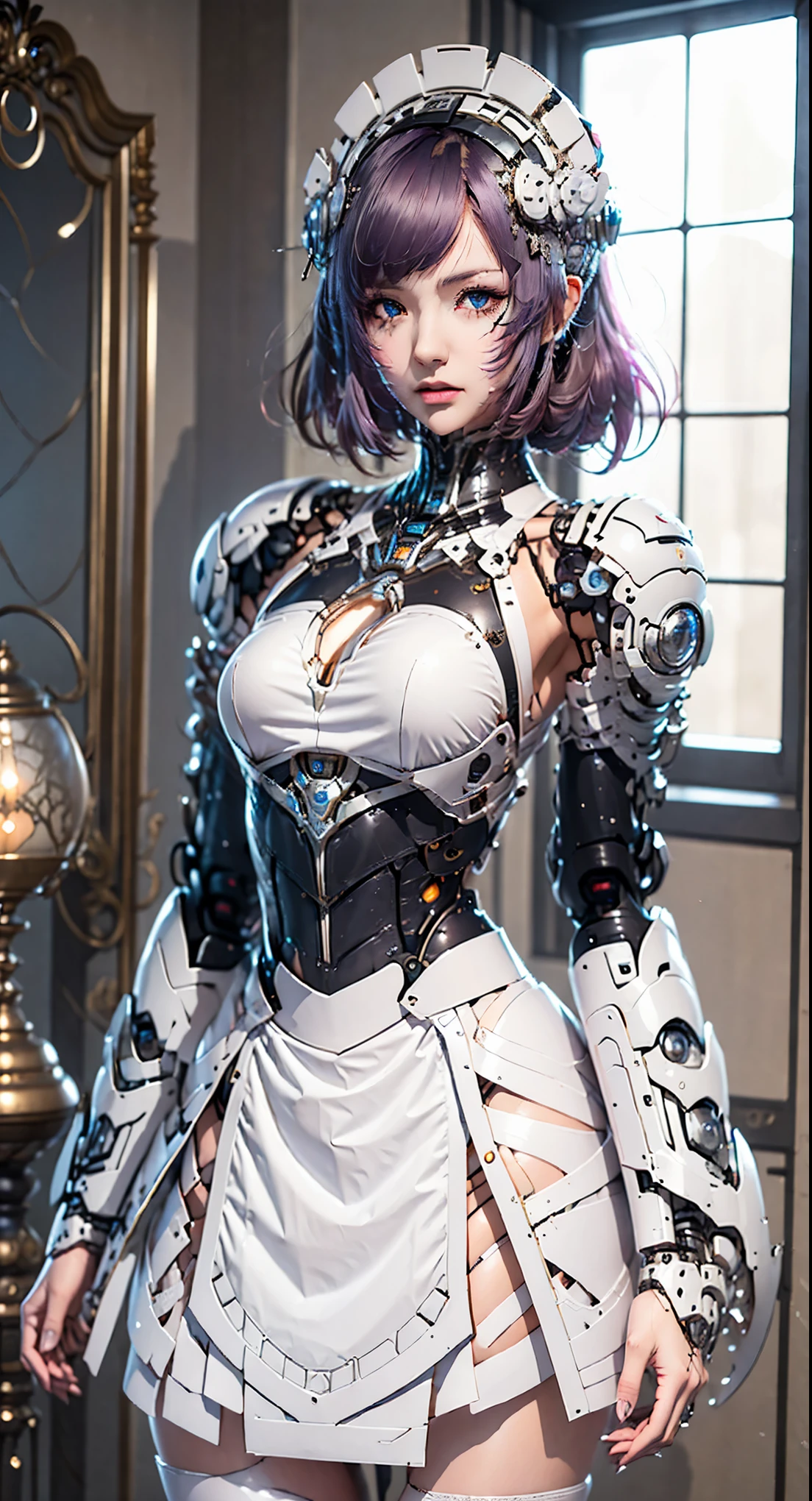 Very detailed, Advanced Details, high quality, 最high quality, High resolution, 1080P, HD, 4K,  beautiful,(Machine),beautiful cyborg mixed maid female, Mecha Cyborg Girl,Mecha Body Girl,She is wearing a futuristic mech, victorian maid dress, from the front, From the skirt up,A cute room for children, bed room, bed,