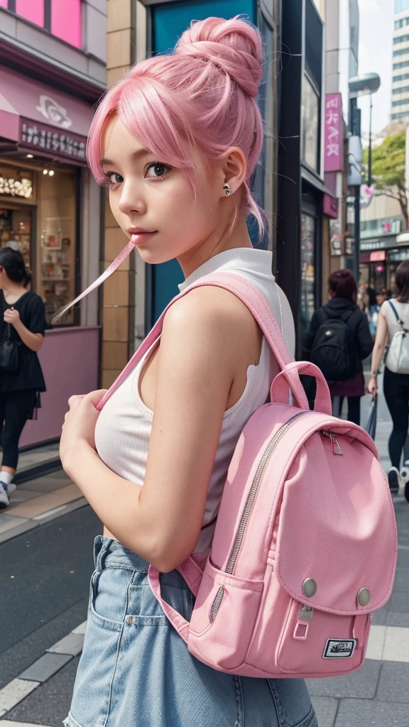 a girl with pink hair in a bun hairstyle, wearing a backpack and eating a crepe, standing on a harajuku street with a harajuku street style background, (best quality, ultra high res, photorealistic:1.3), (masterpiece)
