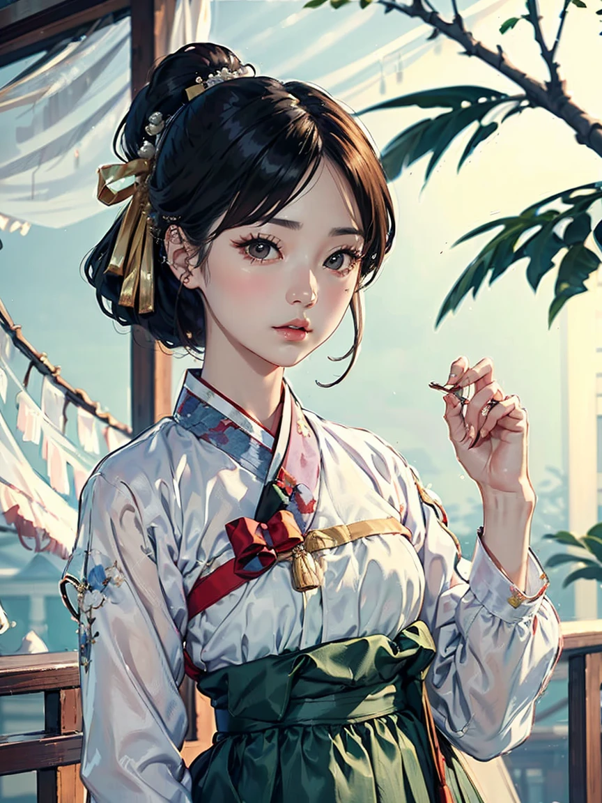 (masterpiece), (top quality), (beautiful and aesthetic), (1 woman), (1930s Korean woman), resembles Korean idol, highly detailed, A little exposure, traditional hanbok, upper body, portrait.