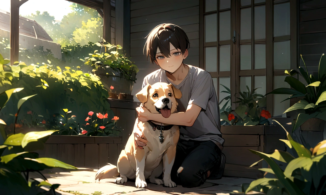 Male characters, 8K,Best Quality， Masterpiece,main character、juvenile、、garden、I have one dog