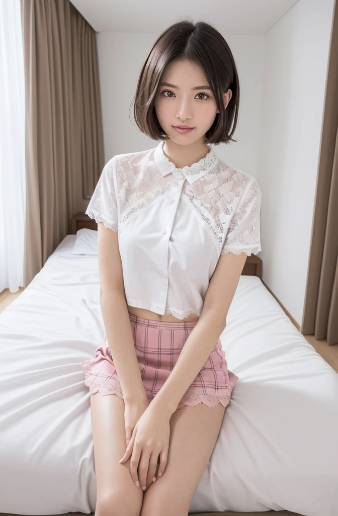 (Highest quality:1.9)、(High resolution)、Live-action image quality、((19 year old female university student、1 person))、Soft lighting by a professional photographer、Natural light、((Very spacious white luxurious room:1.6))、((Bright white room:1.6))、(Sitting on a very luxurious white bed:1.2)、(White Bookcase:1.1)、Natural soft light、((Brown hair color:1.1))、Fair skin、Detailed Eyes、double eyelid、Slightly puffy cheeks、((Small Face:1.0))、((Pink lace short sleeve shirt、Checked mini skirt、Please wear it with the chest open.:1.7))、((Small breasts:1.7))、(smile)、((Girly pose 1.8))、((short hair:1.1))、((Full Body Shot:1.2))、((Height: 150cm))、Hands in front、Hide your hands between your legs、