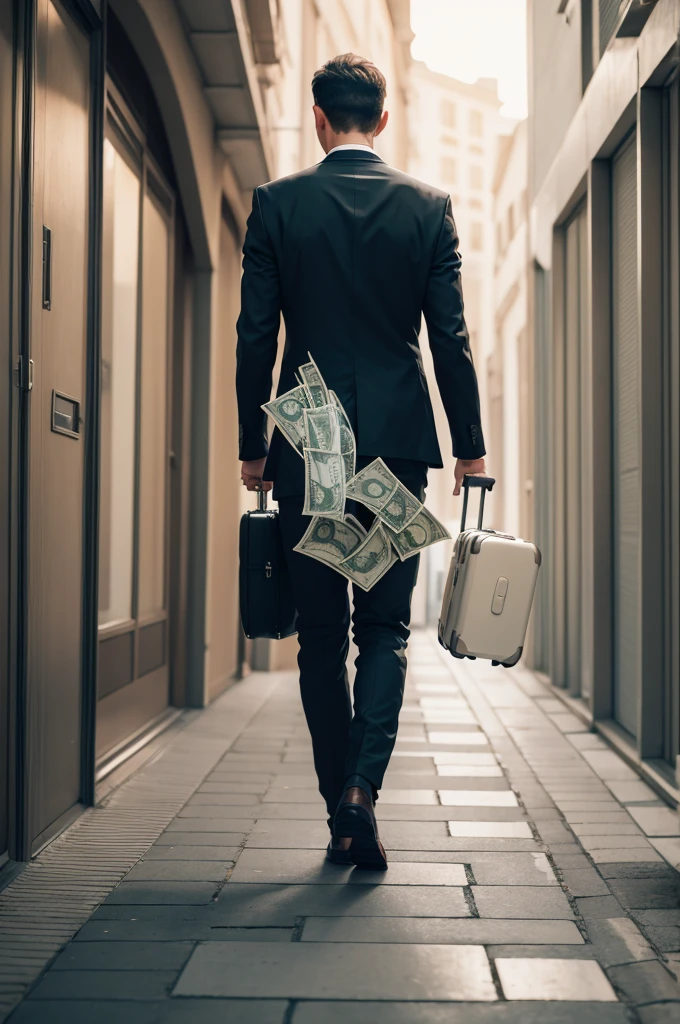 Create a man on his back with many suitcases of money walking away