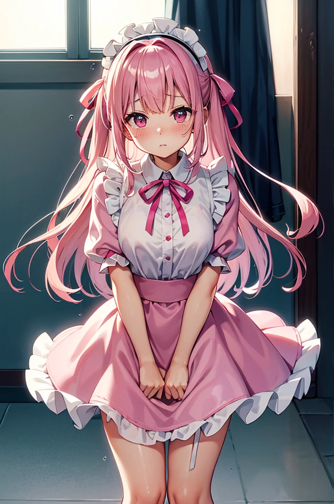 Highest quality、Elevator Girl、A short pink jacket made of shiny silk、White blouse with ribbon、See-through、Short tight skirt、Hard fabric with little elasticity、A small round hat with a ribbon、Skinny、White gloves、White over-the-knee socks、Flushed Cheeks、Embarrassed look、Big Breasts、hold the skirt with both hands