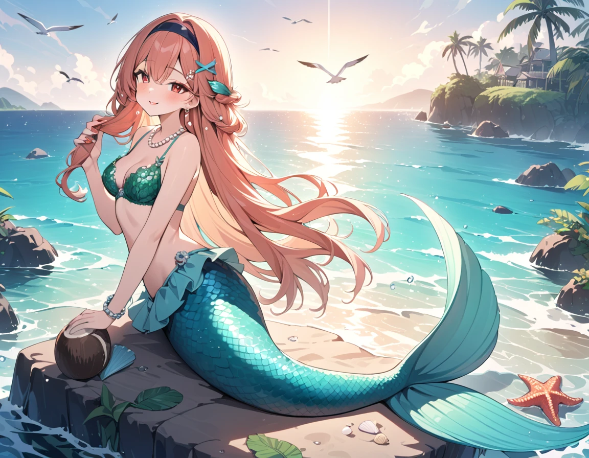 (best quality,4k,8k,highres,masterpiece:1.2),ultra-detailed,teenage girl gets magically transformed into a cute mermaid, fantasy transformation,red-eyed,beautiful detailed eyes,spiky long ginger hair,happiness,cute mermaid, long and detailed mermaid tail with shimmering green scales, seashell bra,pair of fish gills on her torso, red and black ribbon headband, starfish hair clips, pearl hair ornaments, pearl earrings and bracelets, pearl necklace, red manicured nails, eye-catching accessories,beautifully detailed lips, sitting on a rock, sandy beach, new beautiful body,she’s smiling,embracing her new life has a mermaid, brushing her hair, ocean waves,sparkling water,coconut trees,seagulls,coral reef,vibrant colors,magical glow,shimmering scales,sea breeze,warm sunlight,joyful expression,island paradise,lush tropical plants,dynamic composition,soft and smooth lines,expressive facial features,gentle water reflections,serene atmosphere, Highly detailed, masterpiece, high quality, 4K