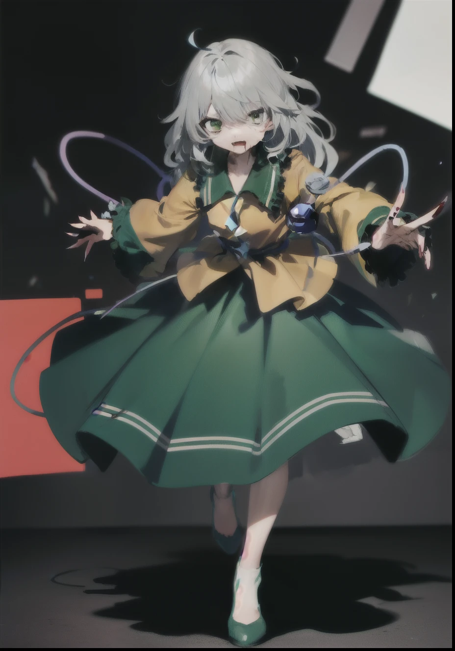 Fine details, Depth of Field,best quality, illustration,high resolution,Intricate details, Extremely refined ,1 girl, bow,Silver Hair,Green Eyes,komeiji koishi，（The huge claws shredded the screen：1.5），Full body pictures，Blood，
