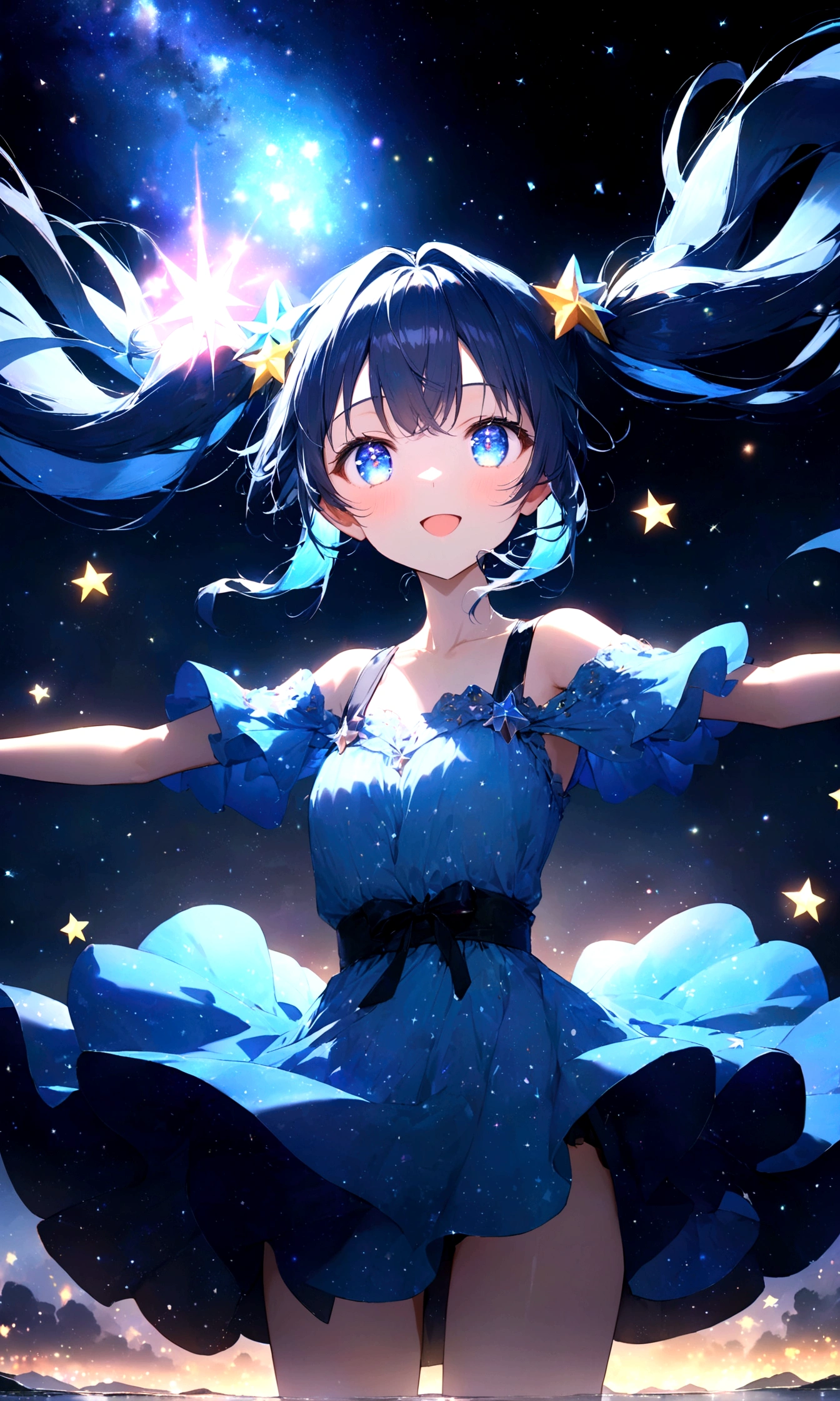 anime gile portrait,kawaii,fantastic style,one beautiful girl with starry eyes, upper body , 14-year-old girl, with midnight blue hair, twin tails with star-shaped hair accessories, crystal blue eyes, wearing a light blue dress with star patterns, standing on a star floating in the river with arms outstretched for balance, background of a night sky filled with stars and their reflections in the river, shooting star crossing the sky, serene riverside at night with stars floating and light shimmering , Fantastic light shimmering, twinkling star effect , surrounded by stars,eyes sparkling like stars,best quality,ultra detailed,ultra high definition,high resolution,16k,ultra vibrant,natural light,starlight,soft light,Glowing Aura,the surroundings are shining,Mysterious, fantastic, super-detailed universe, stars twinkling and twinkling. Star Effects.