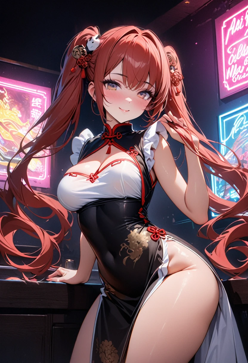 A portrait of a realistic android girl wearing a maid-style Chinese dress,She seduces with her smile,Is the girl realistic from the neck down An android made entirely of machines.Red hair in twin tails,Chinese ornaments on the knot of her twin tails,A maid's hair ornament on her head,She is wearing a beautiful maid-style Chinese dress in red and white with white as the main color.The cleavage looks bold,A beautiful mechanical chest can be seen from the cleavage, the chest is large and the cleavage is deep,The deep slits in her Chinese dress expose her beautiful legs seducing people.The hem of the Chinese dress is long and beautiful.It fits perfectly to the body and creates a beautiful female figure.Wearing beautiful high heels that shine like white glass,Her alluring figure in a casino at night. The casino has a Chinese atmosphere. Colorful neon lights illuminate her Chinese dress.A dynamic pose that invites the viewer to feel eroticism.Cowboy Shot,(Masterpiece Best Quality.16k:1.2)Ultra-high definition, ultra-high image quality,Ultra detail,Ultra-fine painting, studio lighting, professional photo resolution, super fine view,Physics-based lettering,neon sign