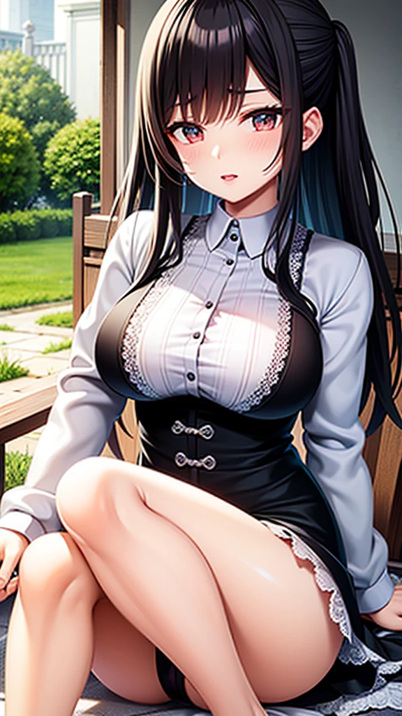 Black Hair Maid、Big Breasts、Panty shot、White Pants、sitting
