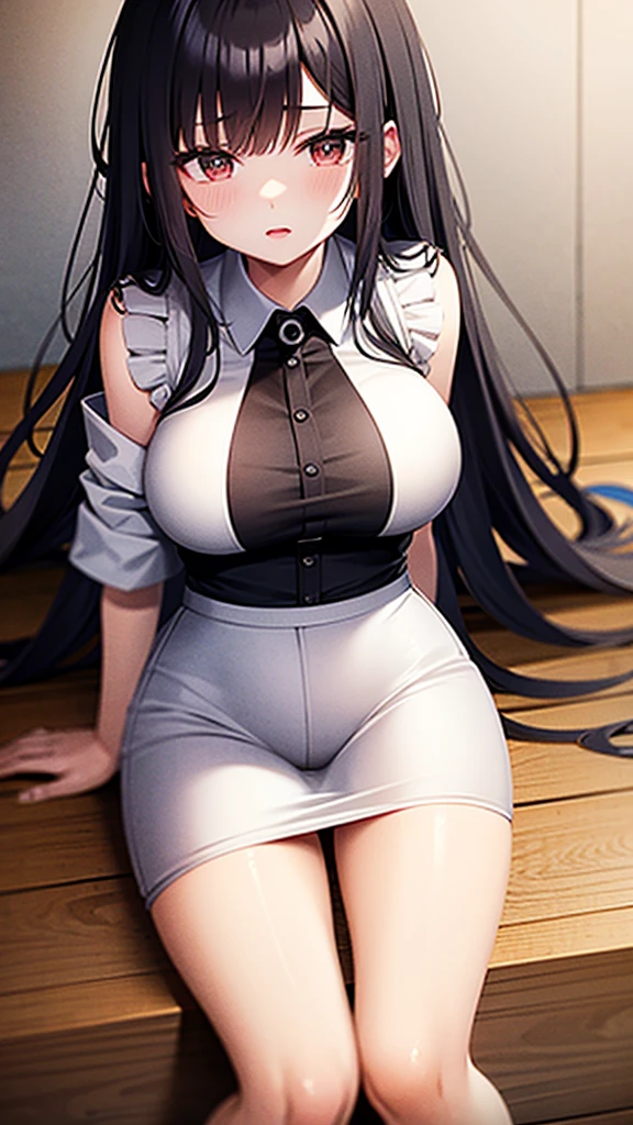 Black Hair Maid、Big Breasts、Panty shot、White Pants、sitting