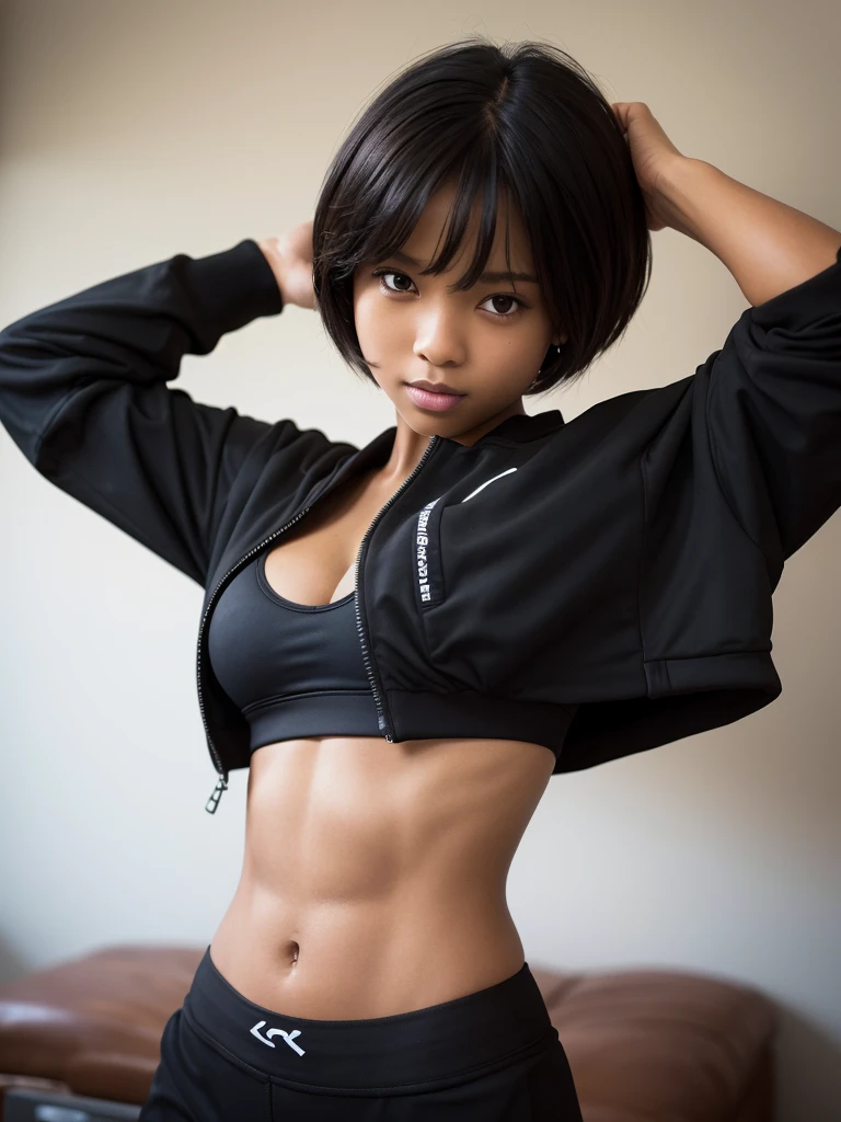 Black female, solo, short hair, big tits, abs, teen, black sports bra, black thong, black jacket 