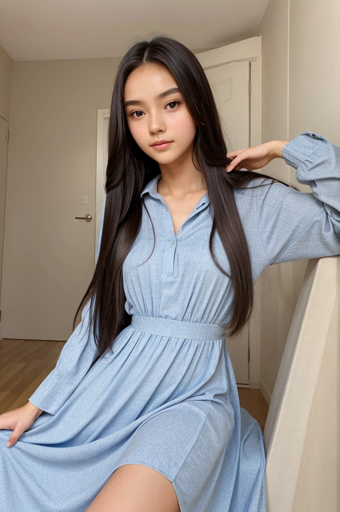 A girl, 19 years old, long dress, 64Mp camera quality, skin type real, face type real long hair